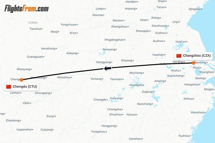 Flights from Changzhou to Chengdu route map