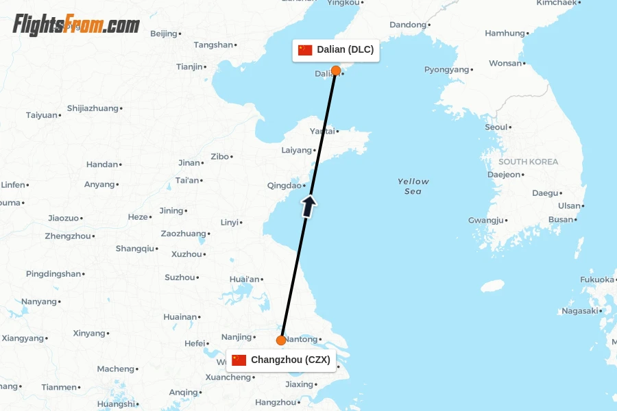 Flights from Changzhou to Dalian route map