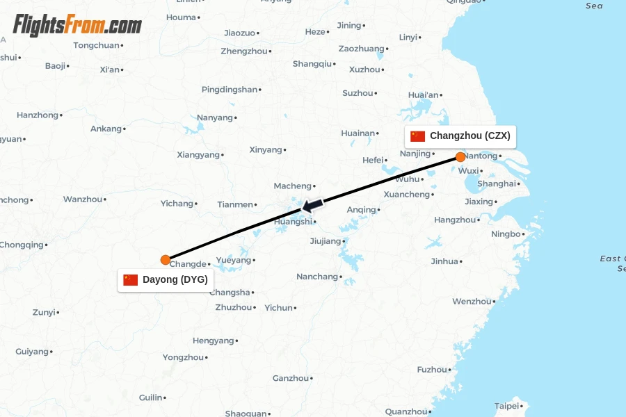 Flights from Changzhou to Dayong route map