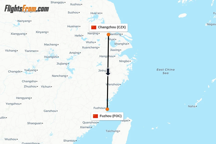Flights from Changzhou to Fuzhou route map