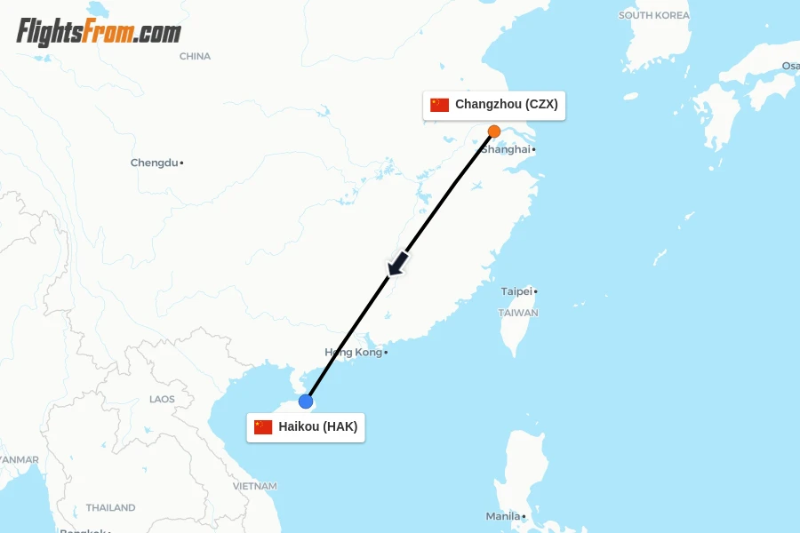 Flights from Changzhou to Haikou route map