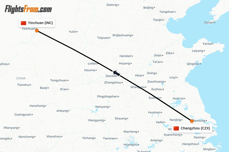 Flights from Changzhou to Yinchuan route map