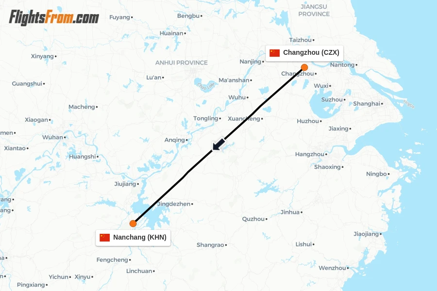 Flights from Changzhou to Nanchang route map