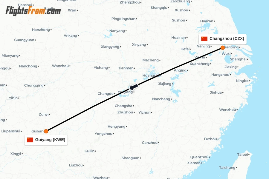 Flights from Changzhou to Guiyang route map