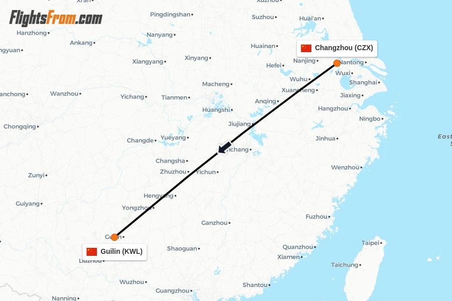 Flights from Changzhou to Guilin route map