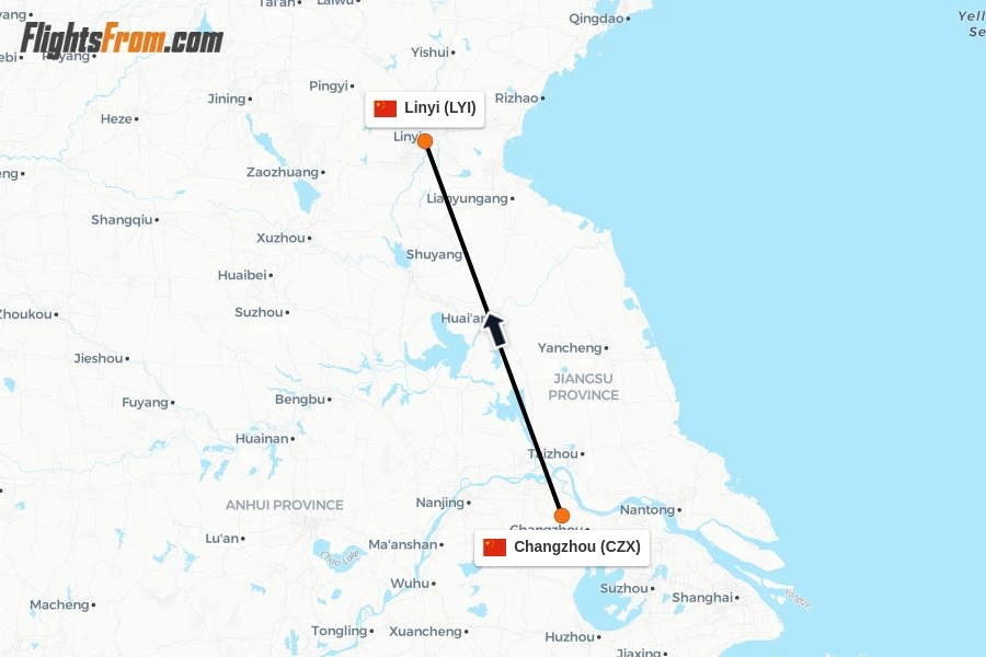 Flights from Changzhou to Linyi route map
