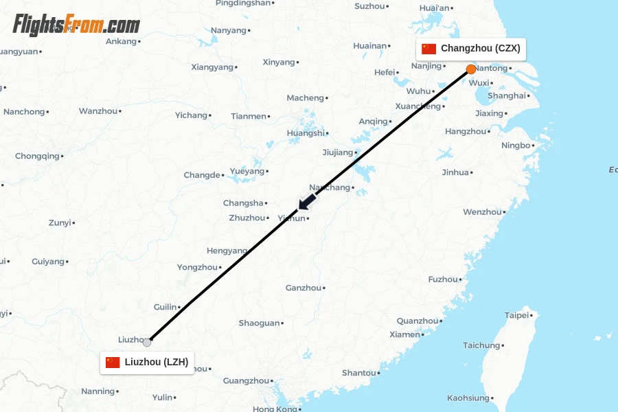 Flights from Changzhou to Liuzhou route map