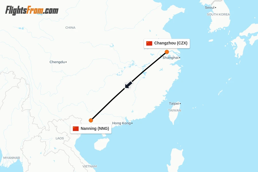 Flights from Changzhou to Nanning route map