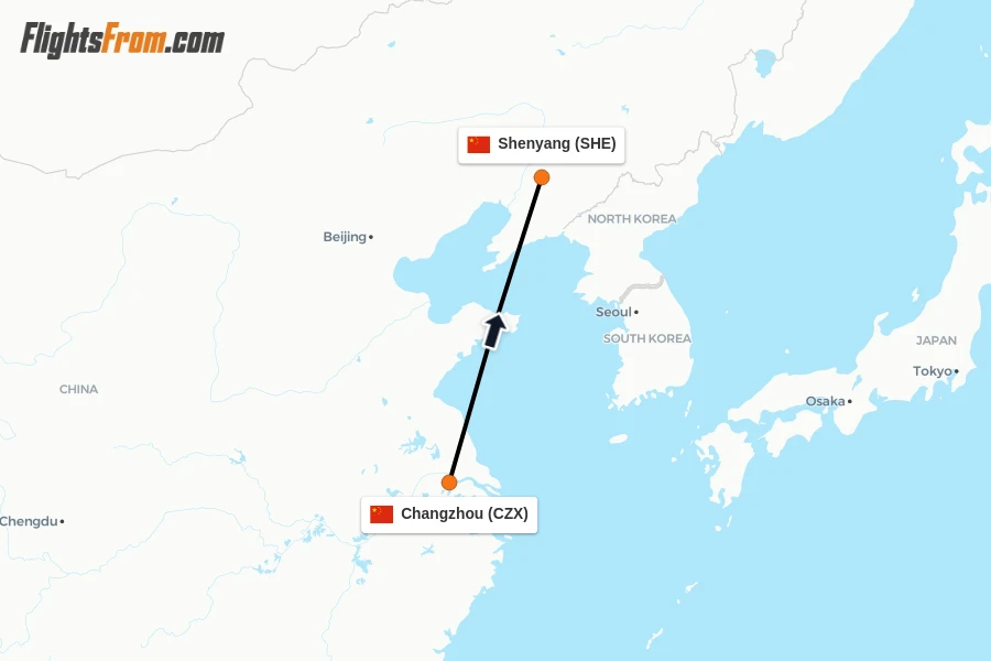Flights from Changzhou to Shenyang route map