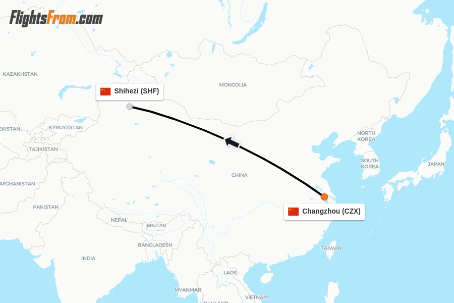 Flights from Changzhou to Shihezi route map