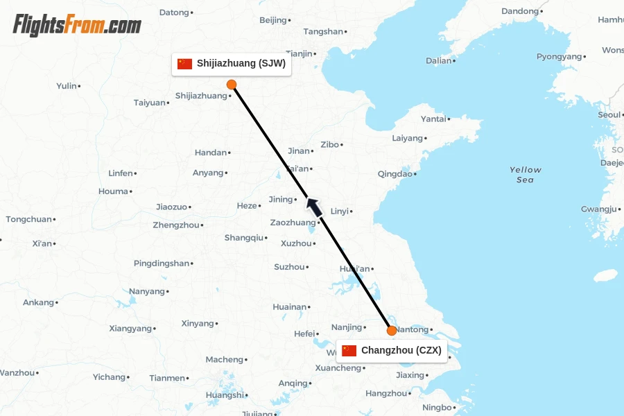 Flights from Changzhou to Shijiazhuang route map
