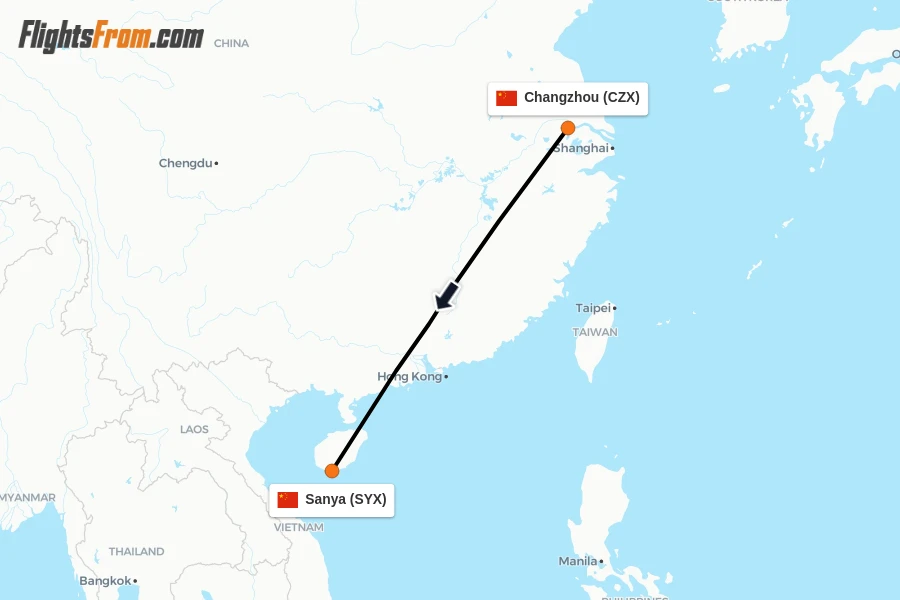 Flights from Changzhou to Sanya route map