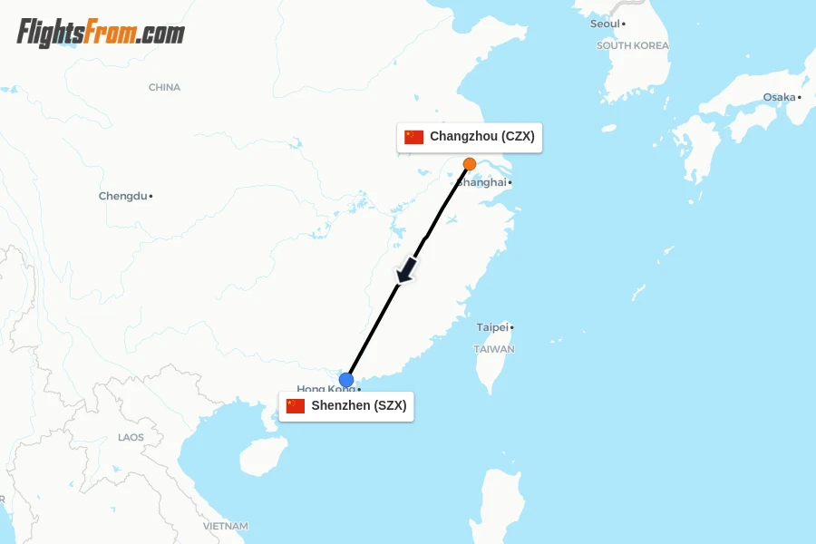 Flights from Changzhou to Shenzhen route map