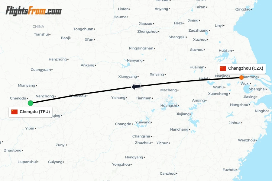 Flights from Changzhou to Chengdu route map