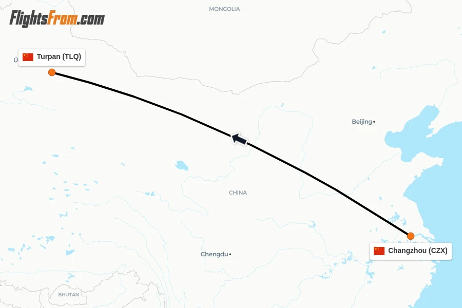 Flights from Changzhou to Turpan route map
