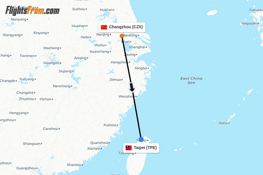 Flights from Changzhou to Taipei route map