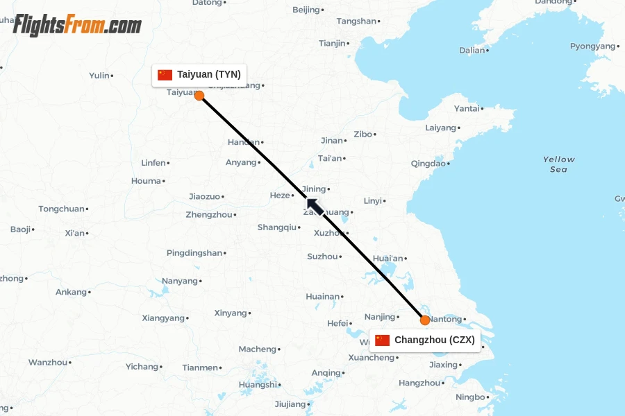 Flights from Changzhou to Taiyuan route map