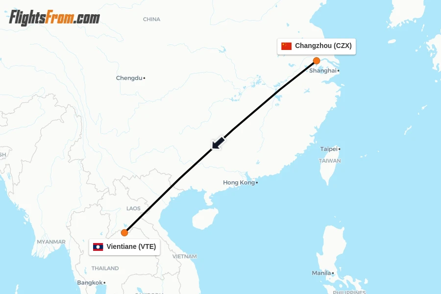Flights from Changzhou to Vientiane route map