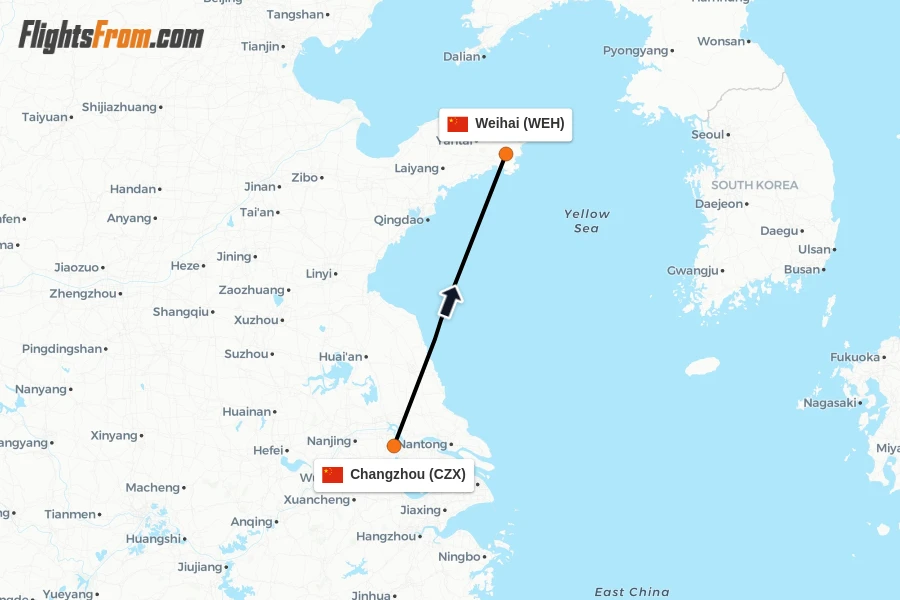 Flights from Changzhou to Weihai route map