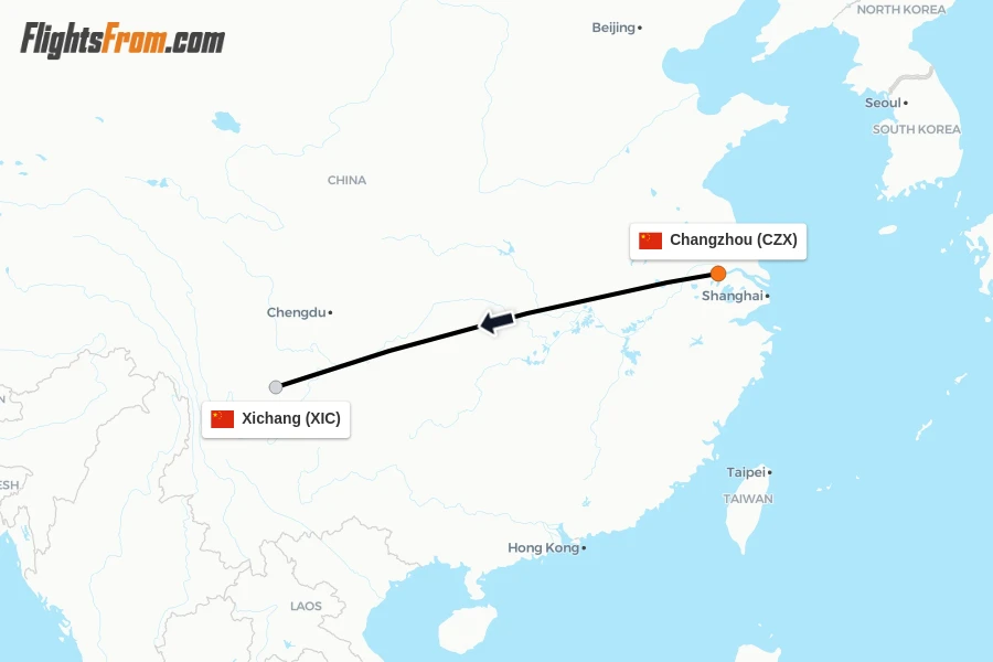 Flights from Changzhou to Xichang route map