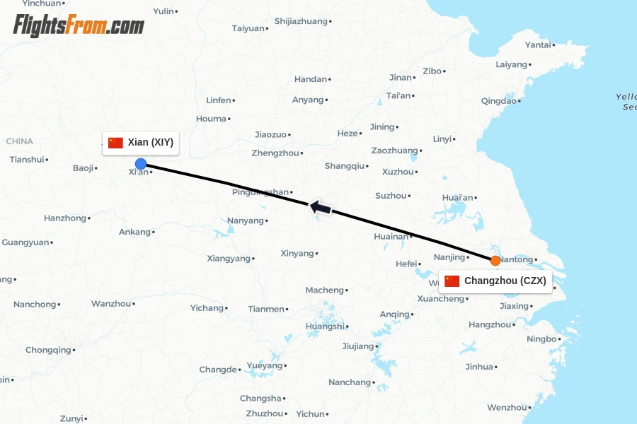 Flights from Changzhou to Xian route map