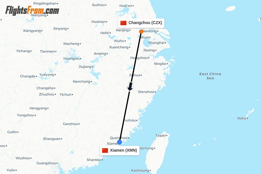 Flights from Changzhou to Xiamen route map