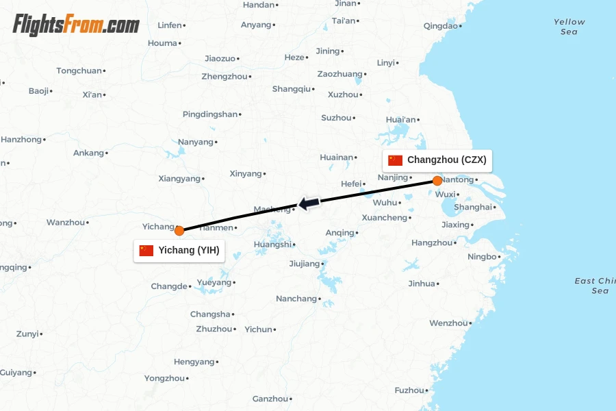 Flights from Changzhou to Yichang route map