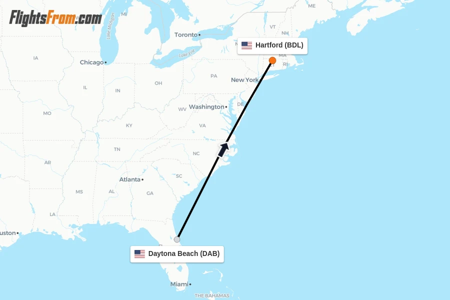 Flights from Daytona Beach to Hartford route map