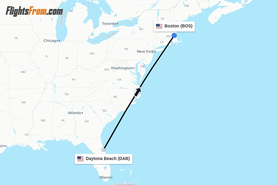 Flights from Daytona Beach to Boston route map
