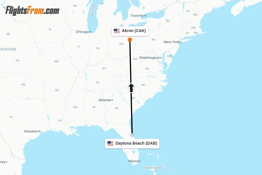 Flights from Daytona Beach to Akron route map