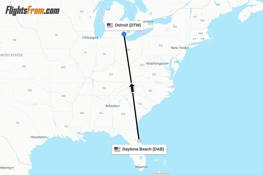 Flights from Daytona Beach to Detroit route map