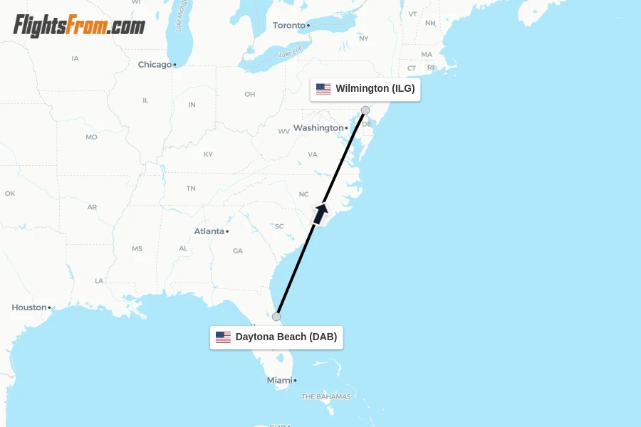 Flights from Daytona Beach to Wilmington route map