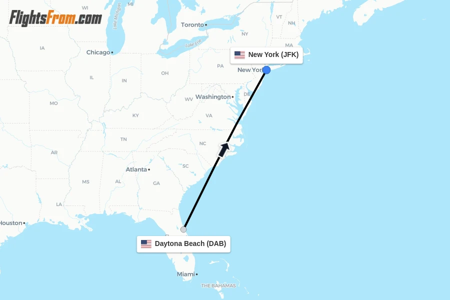 Flights from Daytona Beach to New York route map