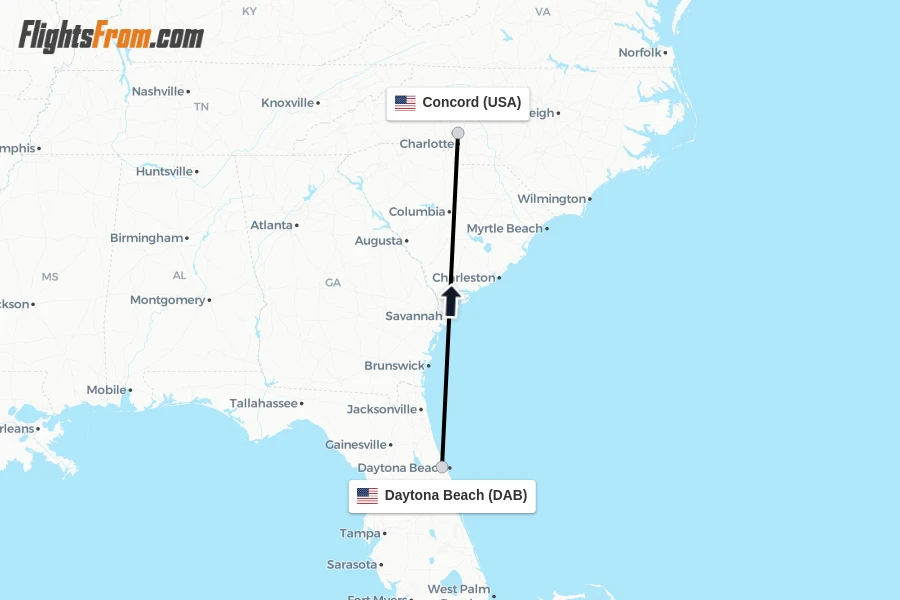 Flights from Daytona Beach to Concord route map