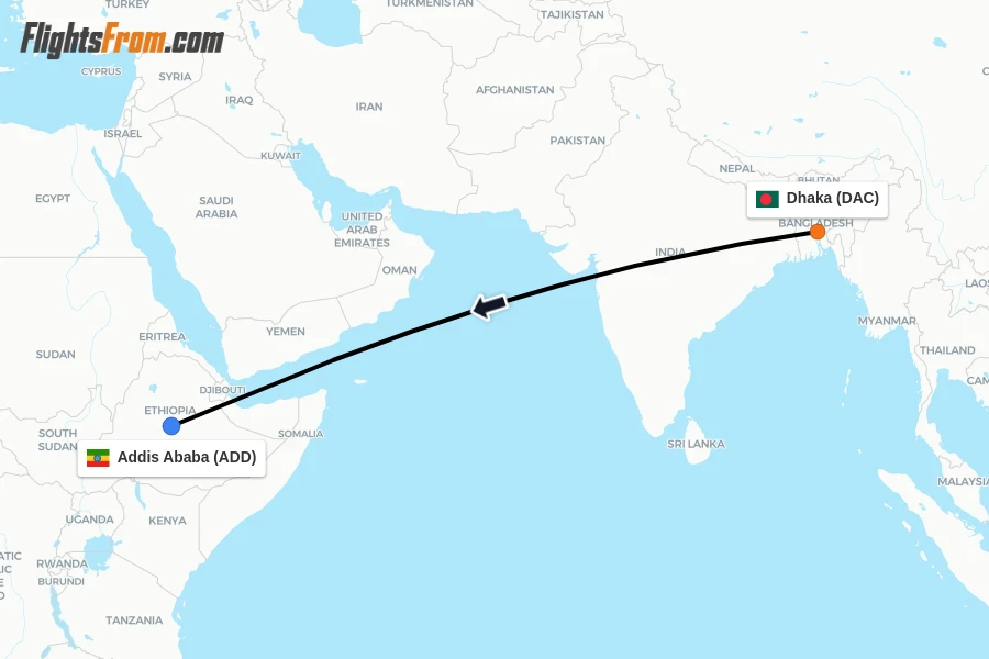 Flights from Dhaka to Addis Ababa route map