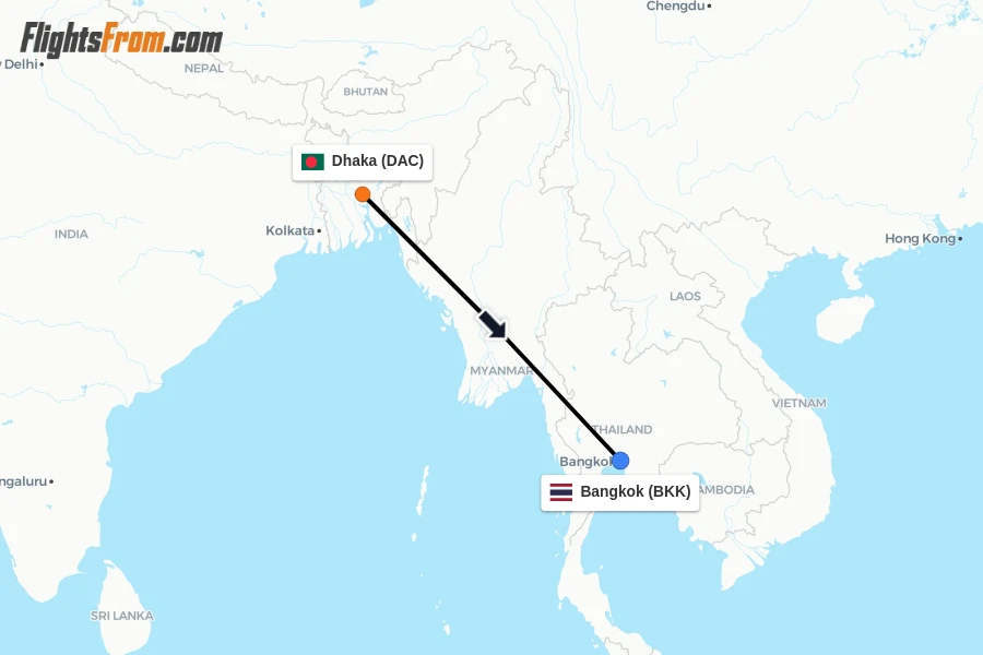 Flights from Dhaka to Bangkok route map
