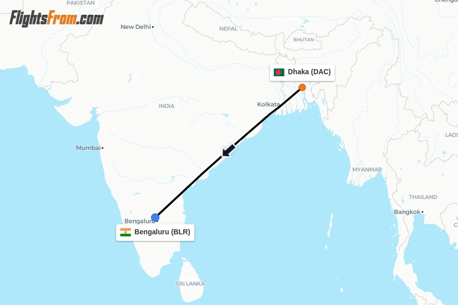 Flights from Dhaka to Bengaluru route map