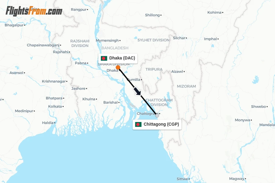 Flights from Dhaka to Chittagong route map