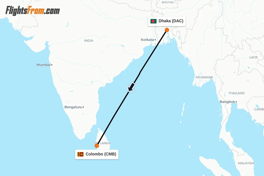 Flights from Dhaka to Colombo route map