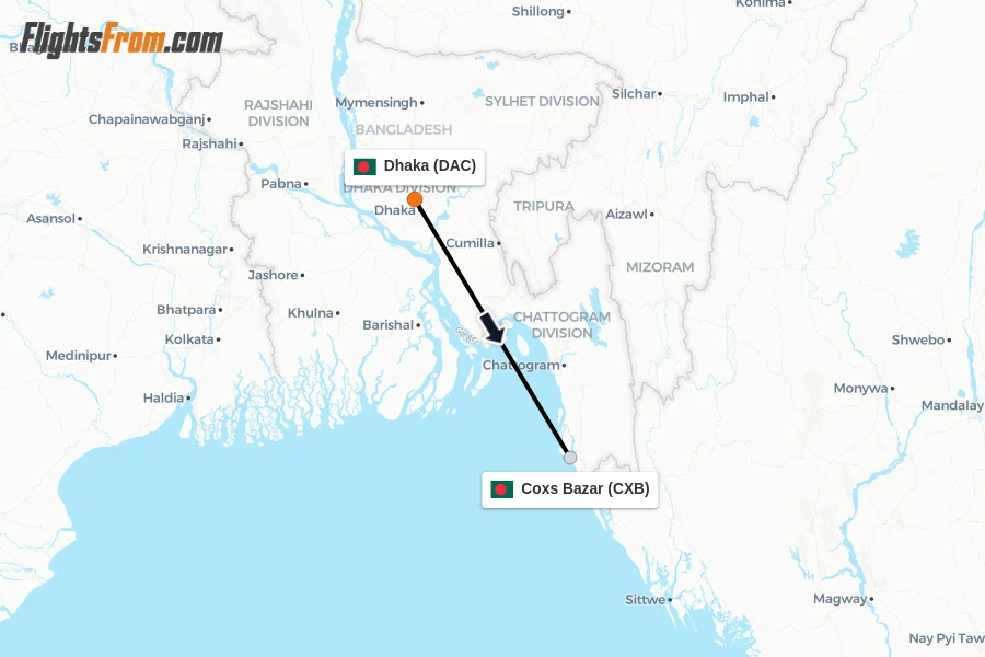 Flights from Dhaka to Coxs Bazar route map