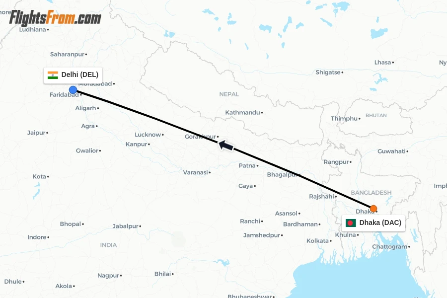 Flights from Dhaka to Delhi route map