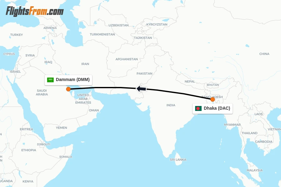 Flights from Dhaka to Dammam route map