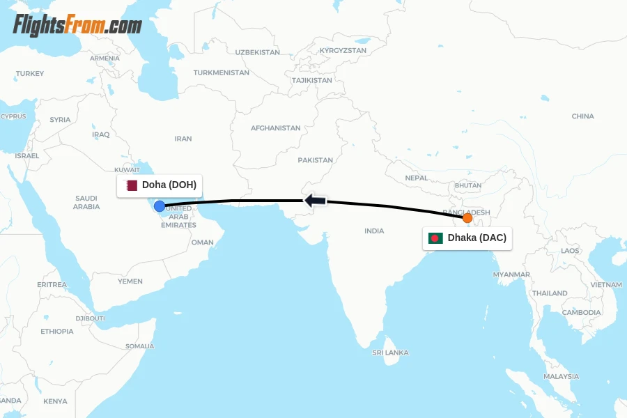 Flights from Dhaka to Doha route map