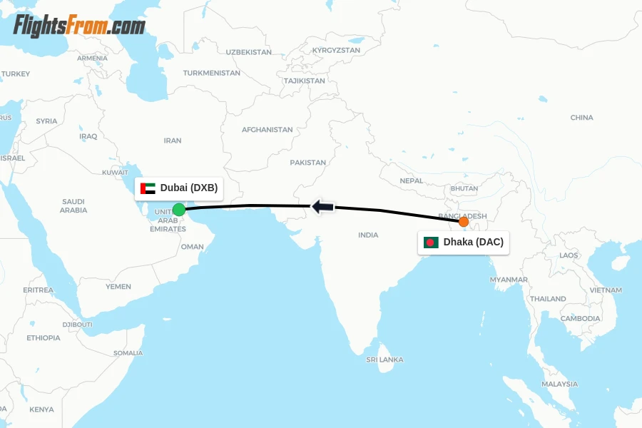Flights from Dhaka to Dubai route map