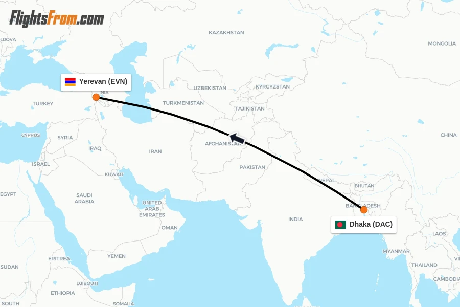 Flights from Dhaka to Yerevan route map