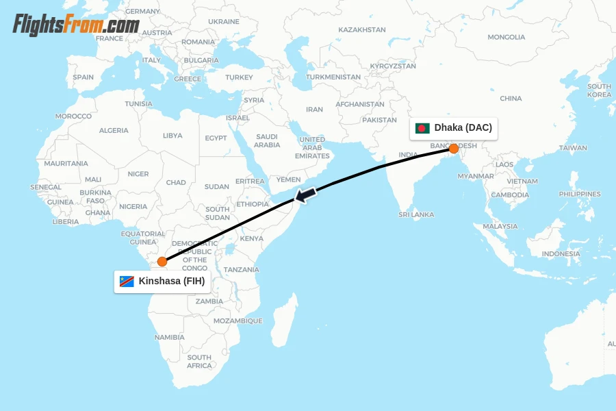 Flights from Dhaka to Kinshasa route map