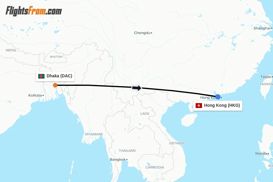 Flights from Dhaka to Hong Kong route map