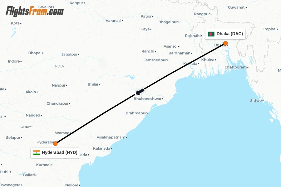 Flights from Dhaka to Hyderabad route map