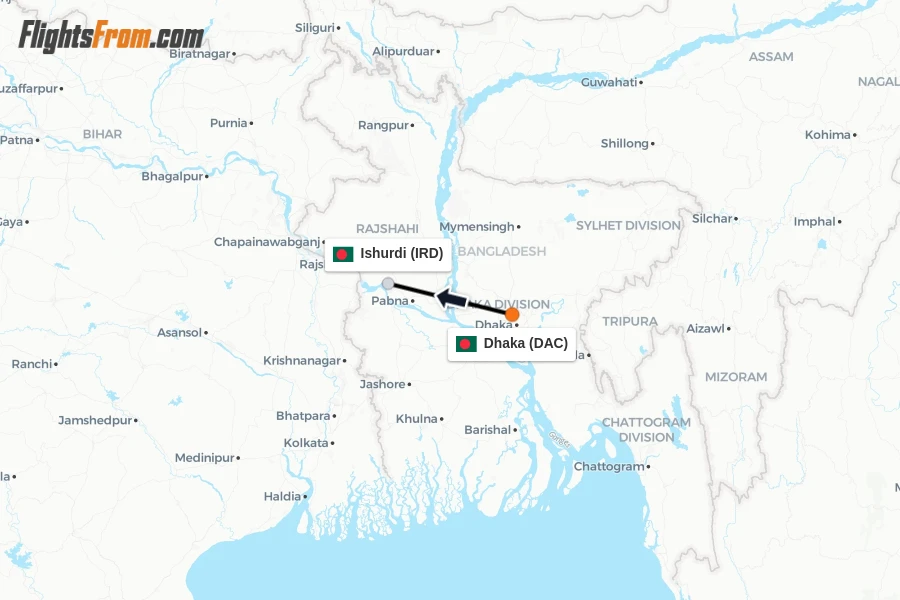 Flights from Dhaka to Ishurdi route map