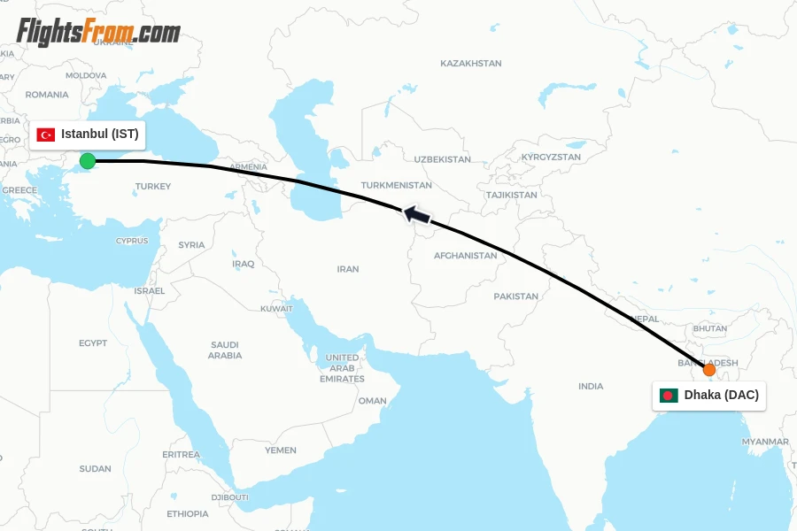 Flights from Dhaka to Istanbul route map
